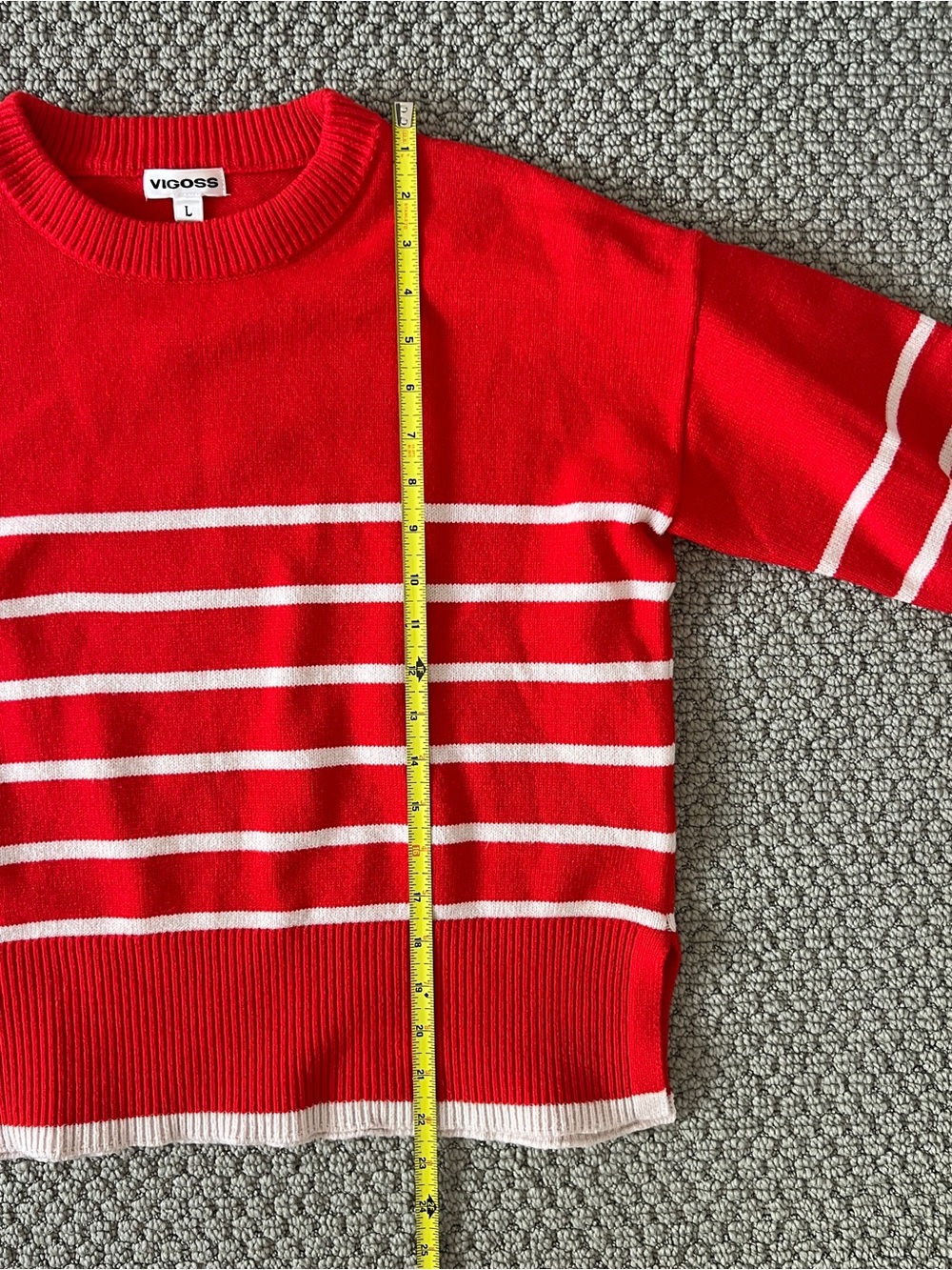 Red and White Striped Crewneck Sweater with Neck Ribbing size large - Picture 6 of 7